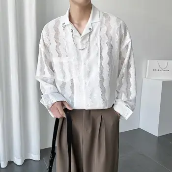 2023 estilo novo dos homens de cor sólida popular vazados de renda protetor solar camisa de manga longa Xianqi maré camisa de comércio exterior homens wea