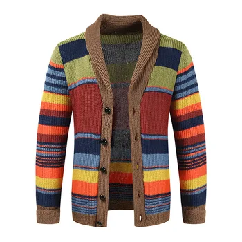 Sweater dos Homens novos do Casaco Casaquinho de Malha de Outono / Inverno de Lapela Colorido Listrado Camisola Casaquinho de Malha de Alta Qualidade de Homens Suéter Casaco