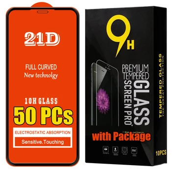 50pcs 21D Cheio de Cola de Vidro Temperado 9H Protetor de Tela do Filme Para o iPhone 15 Pro Max 14 13 Mini 12 11 XR XS X 8 7 SE Com a Caixa de