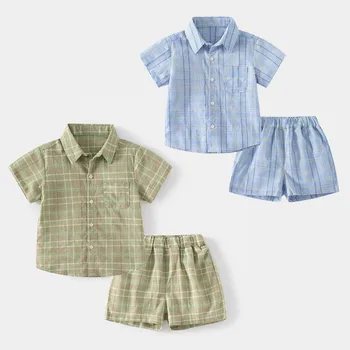 Criança Menino de 2 peças de Roupa Botão de Camisa Listrada Com Bolso E Distribuído Curto Conjuntos de Roupa de Menino