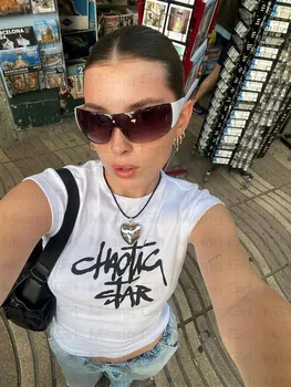 Letra Impressa Vintage Y2k Crop Tops das Mulheres Estética Grunge T-Shirt da década de 2000 Meninas Punk Gótico de Streetwear de Verão, o decote do Vestuário